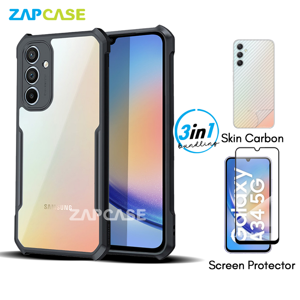 3in1 Case Samsung A34 5G Armor Fushion Casing Free Tempered Glass dan Skin Carbon
