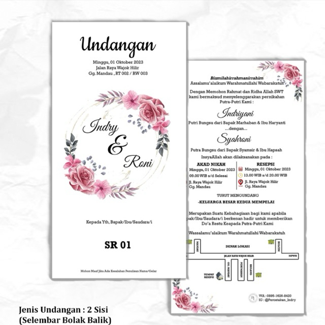 

Undangan Selembar Bolak Balik Ukuran 10,5 x 21 cm , free plastik dan label nama