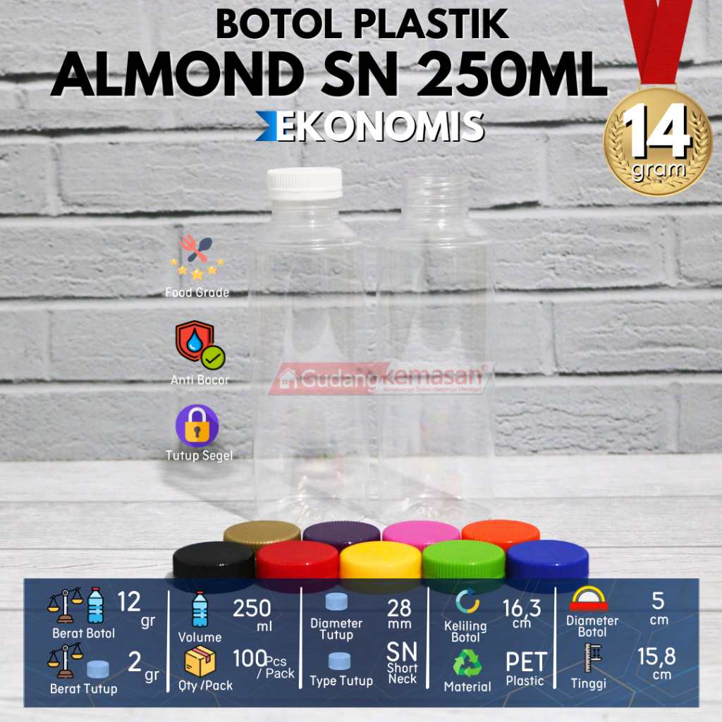 BOTOL PLASTIK PET 250ML ALMOND BULAT 14 GR JUS SUSU KOPI TUTUP SN WARNA WARNI