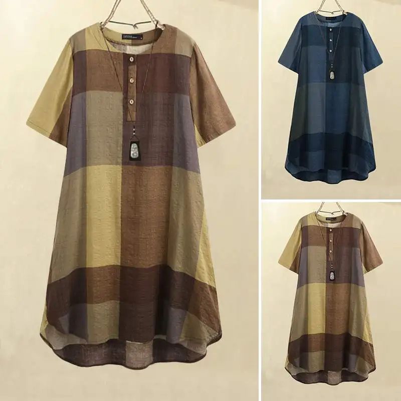 ZANZEA Atasan wanita import kotak-kotak lengan pendek jumbo S-5XL Terbaru