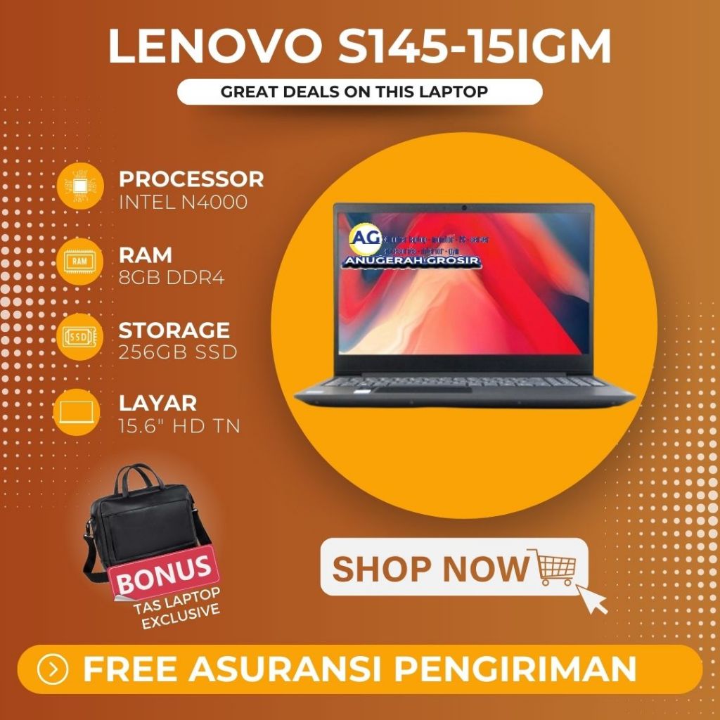 Laptop baru ram 8gb Lenovo s145-15igm intel n4000 ssd 256gb nvme 15,6"