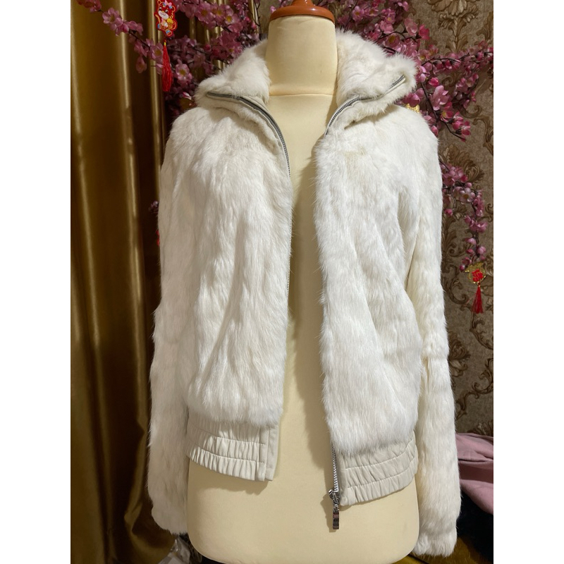 Jaket Leather Bulu Kelinci Asli Putih