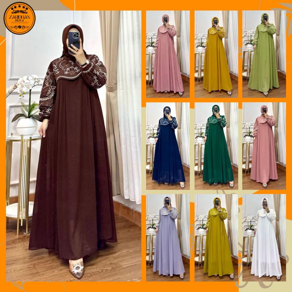 LF | Gamis Lestari Ceruty Babydoll Bordir Payet Busui Syari Free Hijab Segi Empat | SENTRA FASHION M
