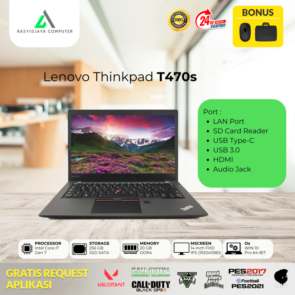 Laptop murah Lenovo ThinkPad T470s Intel Core i7 GEN7 RAM 20GB SSD 256GB Berkualitas Bergaransi