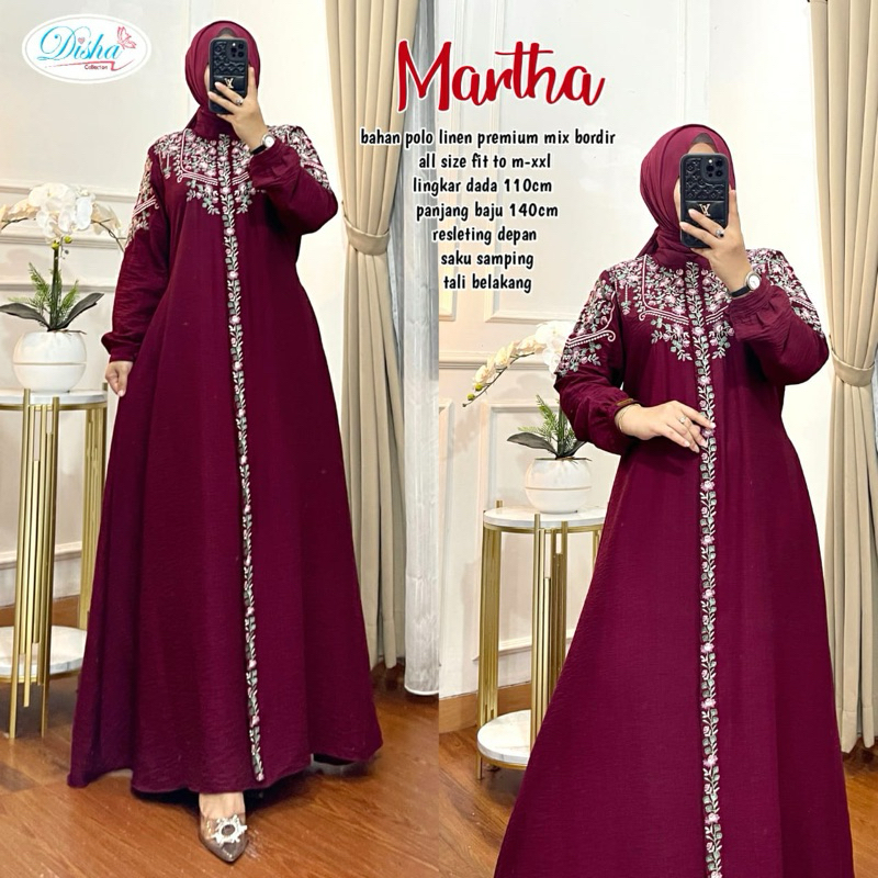 martha bordir gamis wanita polo linen premium ori athaya outfit