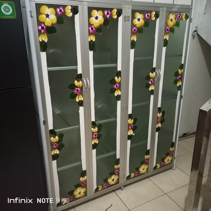 Rak piring Aluminium 4 pintu + Lemari Makan - Rak kaca + Tatakan piring - Bisa Request Warrna