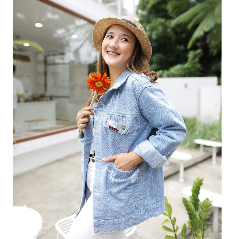 Jaket Wanita oversize jeans denim regular ripped sobek