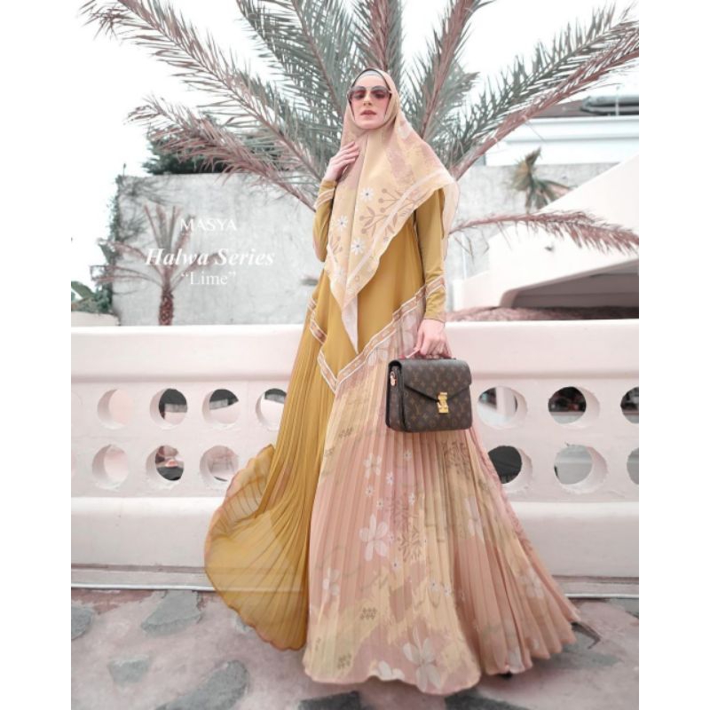 Set Gamis Dress Ceruty Babydoll Printing Premium Syari Branded Merah Maroon - Broken White - Ungu - 