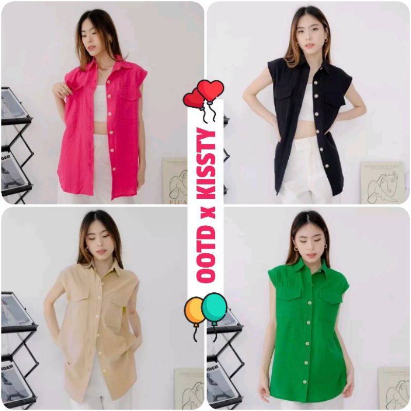 OOTD x KISSTY - Atasan Kemeja Wanita Two Pocket Lengan Pendek