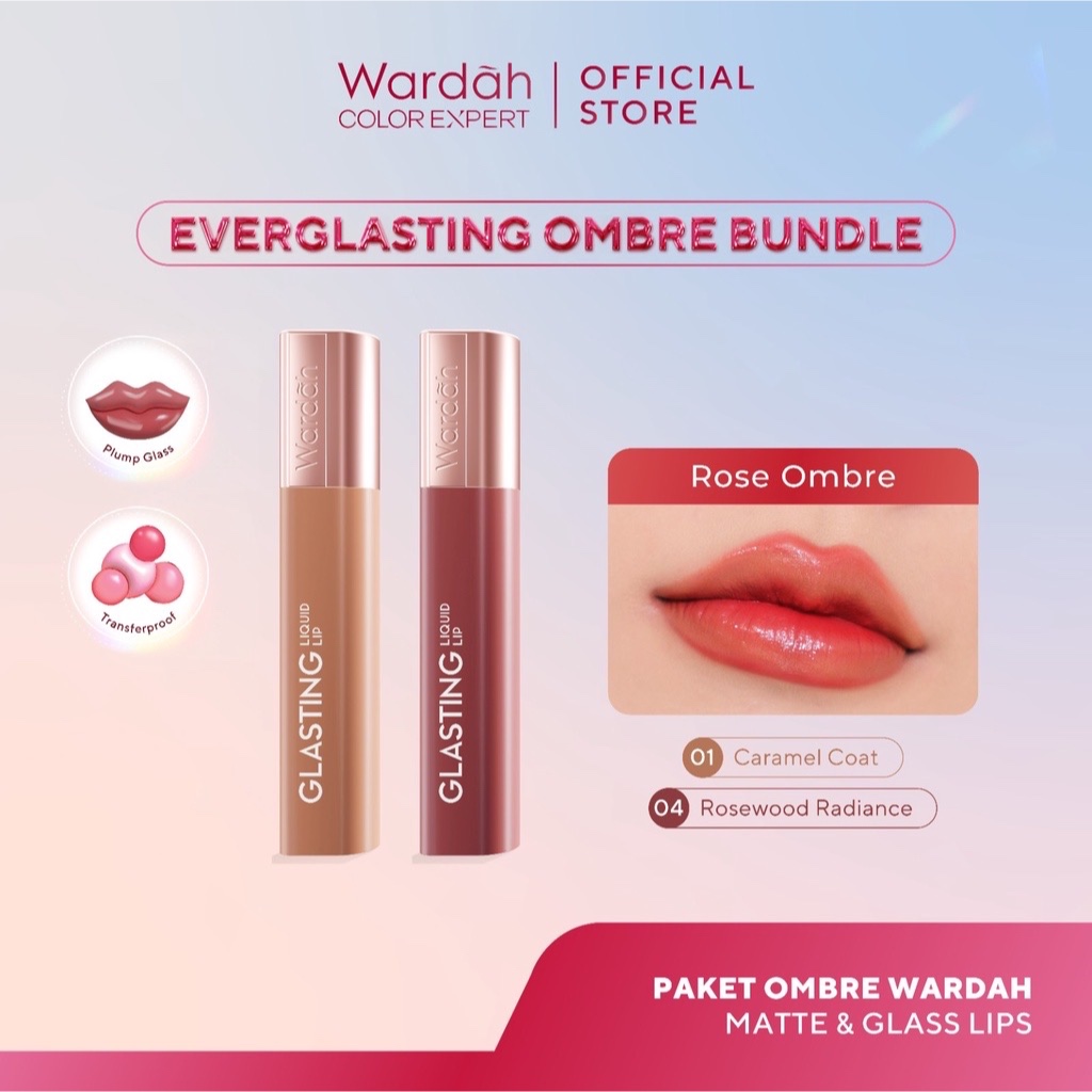 WARDAH Glasting Liquid Lip Rose Ombre Package Indonesia / Paket 01 Caramel Coat + 04 Rosewood Radian