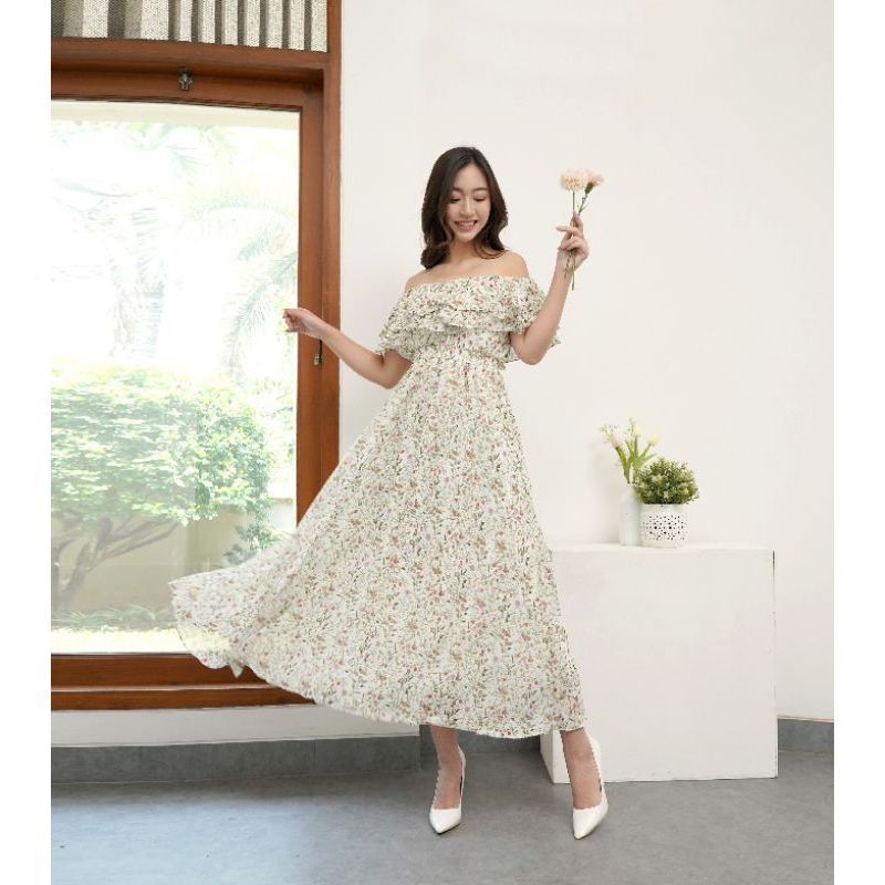 Hazel Sabrina Ruffle Dress - Chiffon Import - Dress Pesta - Dress Sabrina Bunga