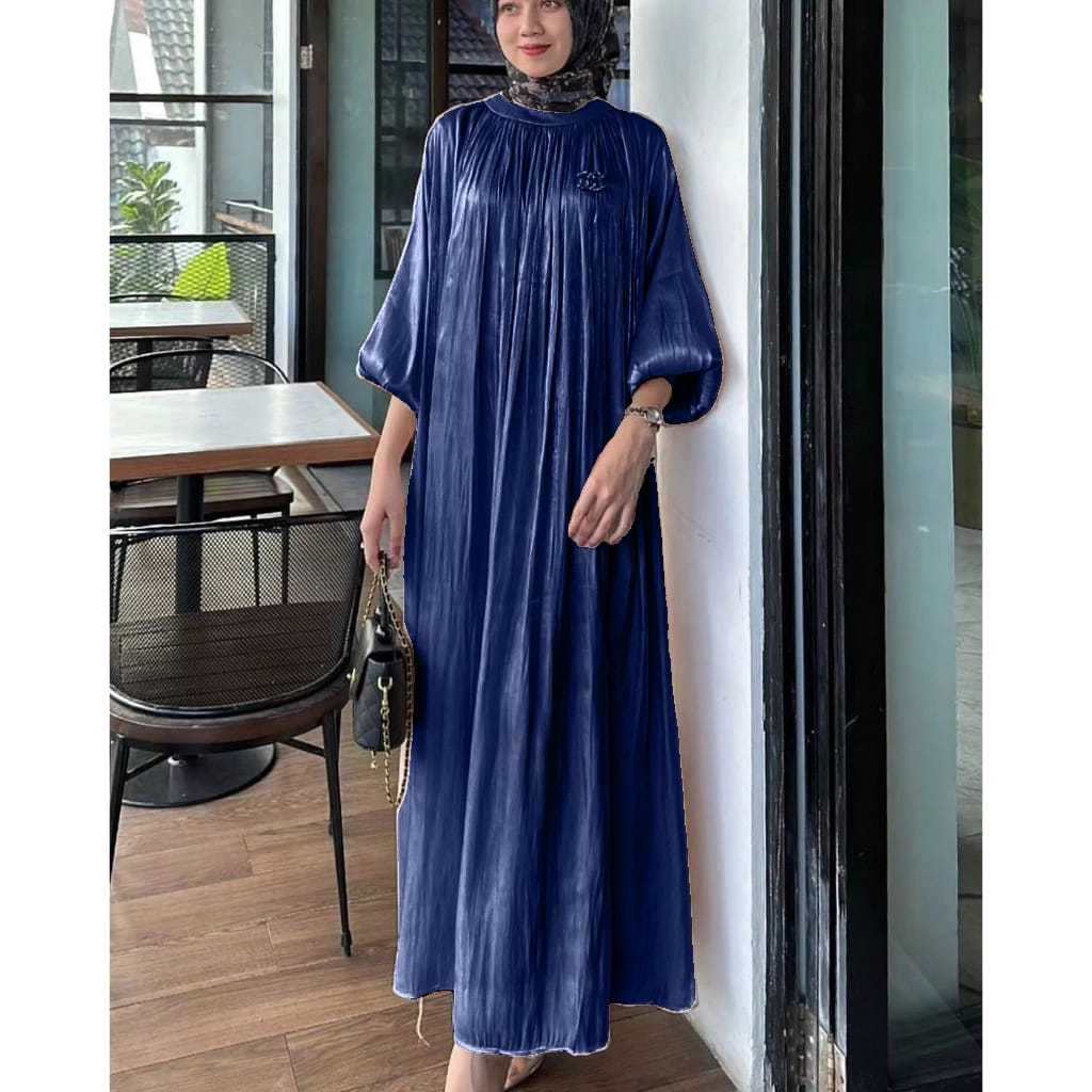 Dress Jumbo Ld 140 Dress Indira Santorini Shimmer Kancing Depan Aktif All Size Warna Denim,Batta,Blu