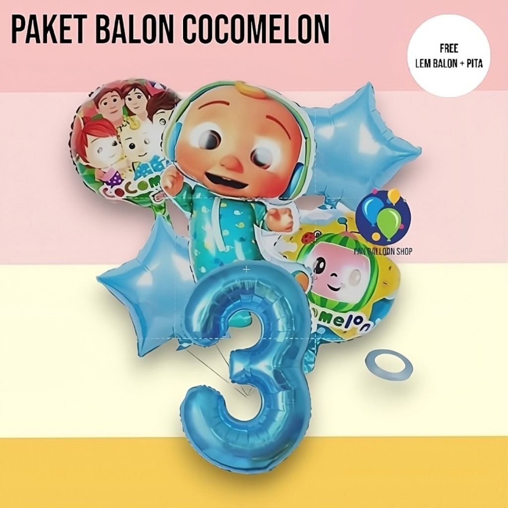 Paket Balon Cocomelon Jumbo Angka / Set Dekorasi Ulang Tahun Anak Cocomelon