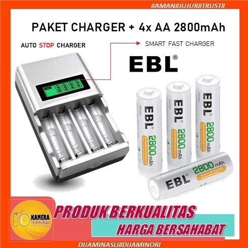 EBL Battery AA 2800 mAh 4 Pack High Power Baterai AA Rechargeable + Quick Smart Charger