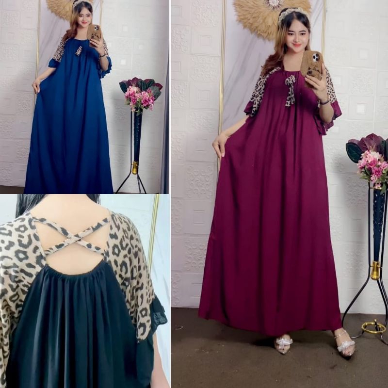 Daster Midi Jumbo Polos Kombinasi Motif Macan Bahan Rayon TwilTebal Premium Dres Bumil Lengan Pendek