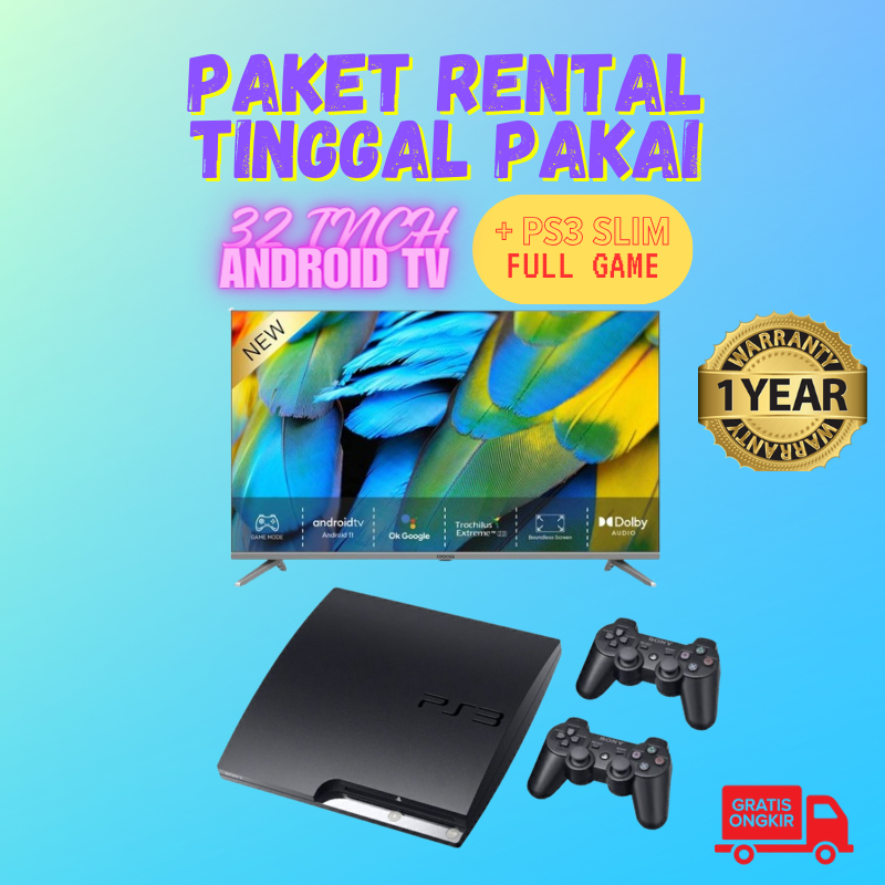 Paket Rental PS3 slim full game plus tv 32 inch digital android