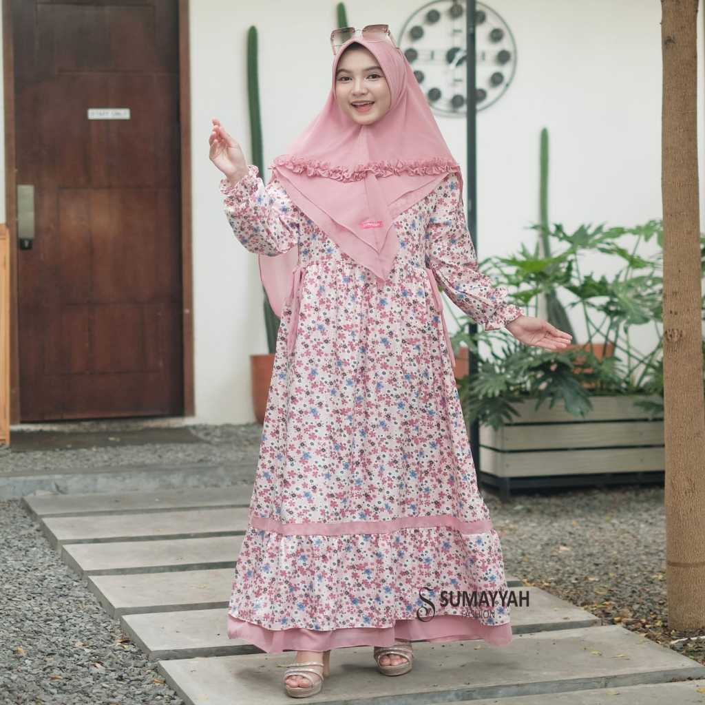Sumayyah- Gamis Dewasa Ibu Set Hijab Syar'i Shakila Premium Mix Ceruty Babydoll Motif Bunga