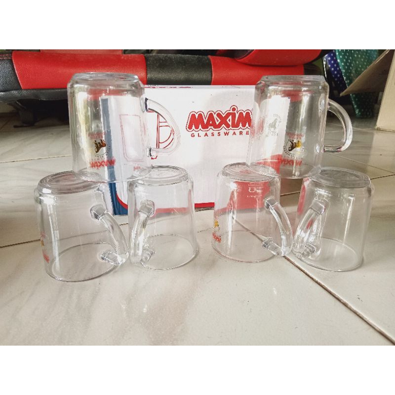 Gelas kaca tebal Maxim 245T satu box isi 6 pcs gelas gagang gelas kuping gelas kopi