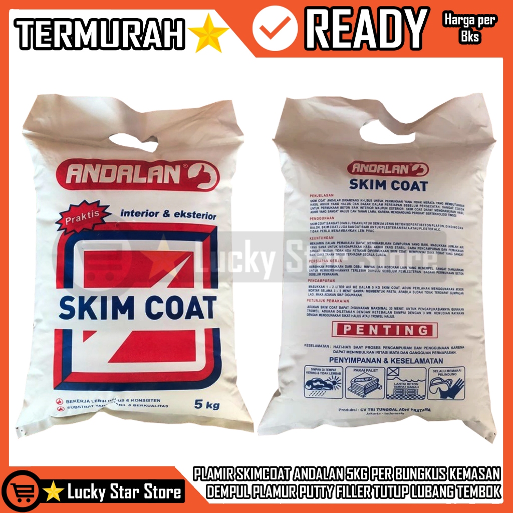 PLAMIR SKIMCOAT ANDALAN 5KG PER BUNGKUS KEMASAN DEMPUL PLAMUR PUTTY FILLER TUTUP LUBANG TEMBOK WALL 