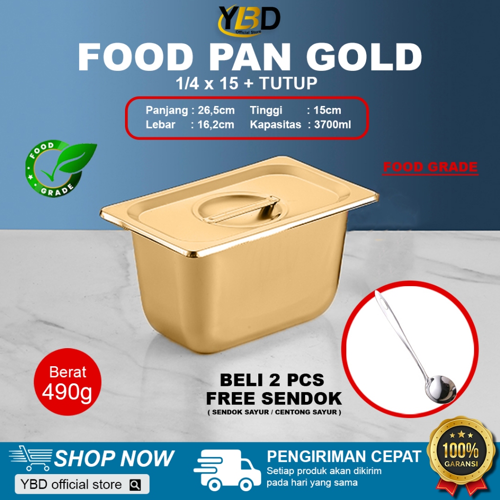 Food Pan GOLD + TUTUP Stainless 1/4 x 15 cm | wadah Food pan satu set dengan tutup | Food pan emas p