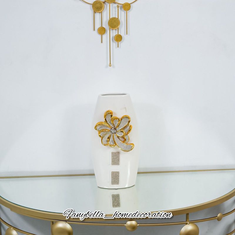 Vas Bunga Keramik Guci Putih Emas Gold Mewah Import Dekorasi Rumah Hiasan Rumah