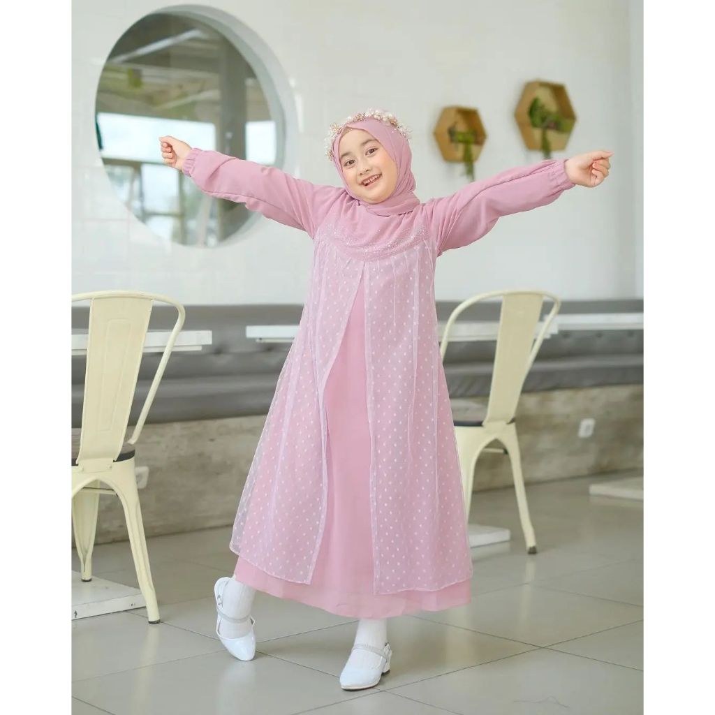 Terbaru MARWAH DRESS SET HIJAB Baju Gamis Anak Umur 4 Sampai 9 Tahun Bahan Ceruty Babydoll Mix Tile 