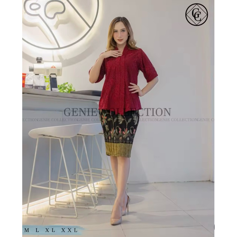 Setelan Kebaya Brukat Furing Lengan Pendek/Kebaya Brukat Rok Pendek/Kebaya Moden/Floy Brukat Tangan 