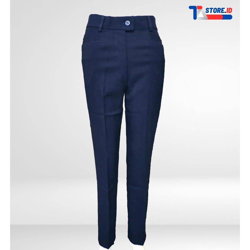 celana bahan wanita karier biru dongker pinggang kancing untuk kerja dan acara formal bahan poyester