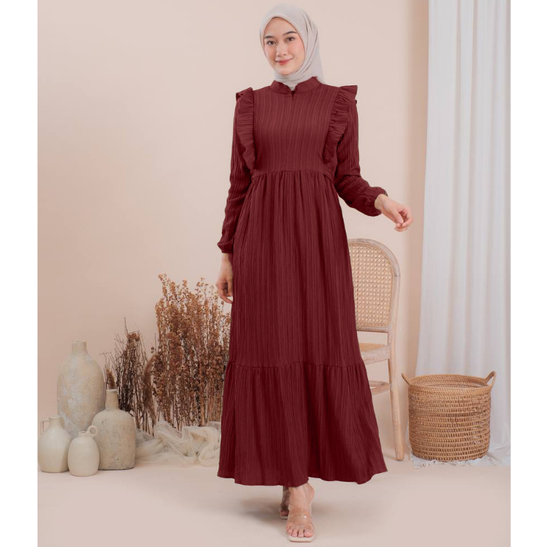 Letisa Dress Wanita Kekinian Baju Gamis Dewasa Terbaru Bahan Ladycrush Premium-Letisa Maron
