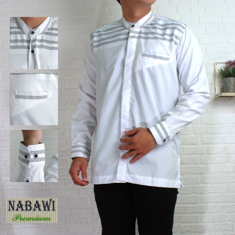 Kemko Putih Motif Salur Bahan Katun Madinah Lengan Manset Nabawi