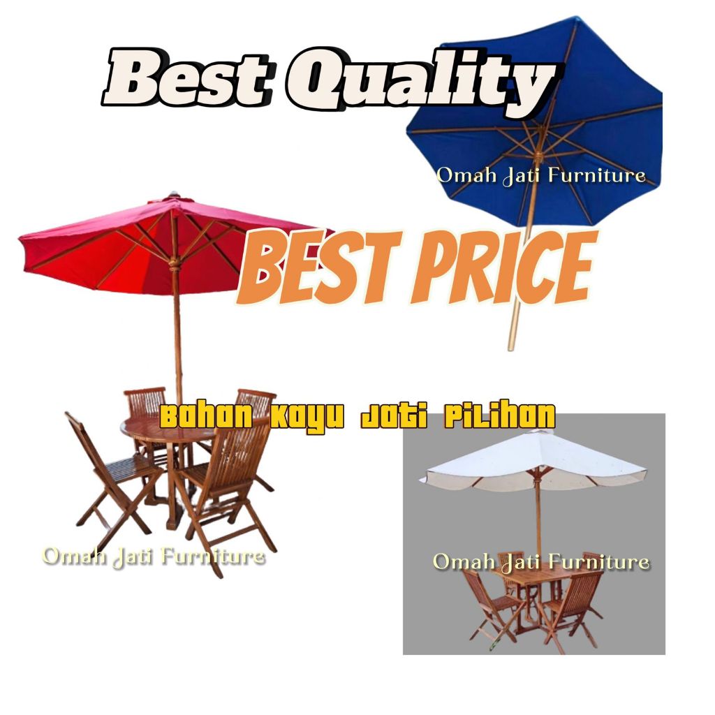 Set Meja Payung Taman| Cafe| Villa| Outdoor| Kain Parasit Ukuran 300cm 3Meter, Kursi Lipat Meja Payu