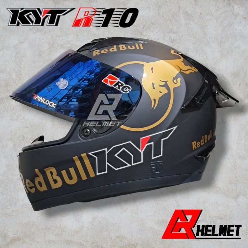 paket ganteng helm KYT R10 black doff RED BULL | LEOPARD