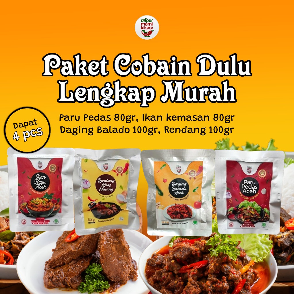 

Lauk Instan - Paket Cobain Lengkap Murah Isi 4pcs - Makanan siap saji - Ikan kayu aceh 80gr, Paru Pedas Aceh 80gr, Daging Balado Aceh 100gr, Rendang Khas Minang 100gr - Dapur mami kikas