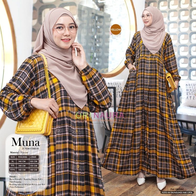 Gamis Jumbo Dres Motif kotak Kotak MUNA DRES Ori Naura