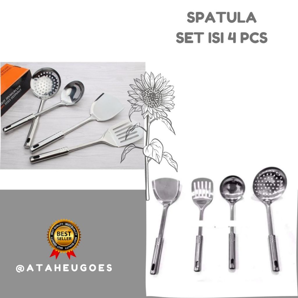 ❄️ READY STOK ❄️ Peralatan Untuk Masak SET 4 in 1 Spatula Set Isi 4 || Spatula stenlis 1 set tahan p