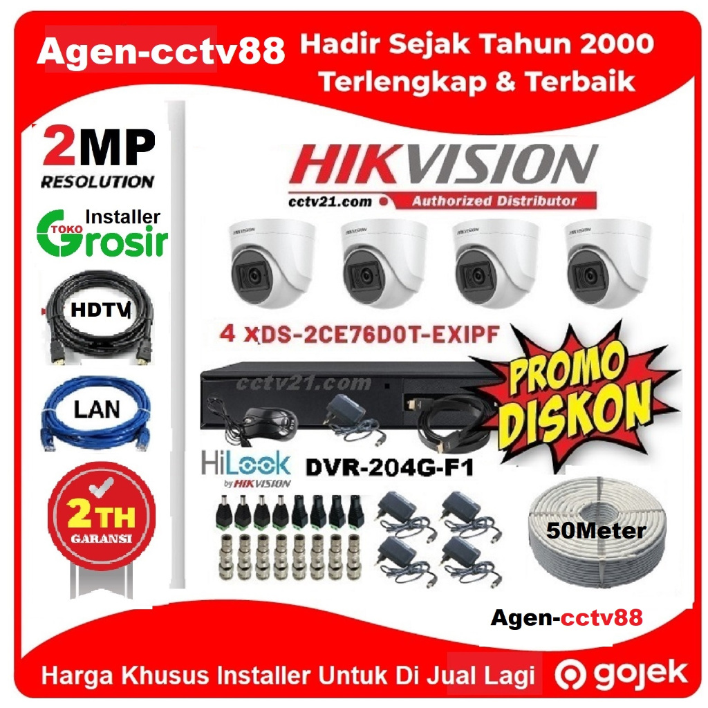 Paket Lengkap 4 Camera / CCTV HikVision 2MP+DVR 4ch HILOOK (By Hikvision) 204G-M1+Kabel 50M+HDMI+LAN
