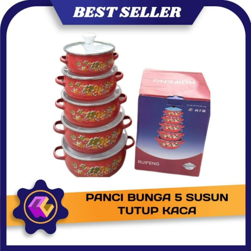 panci bunga susun 5 tutup kaca Panci Set kaca 5 pcs Motif Bunga