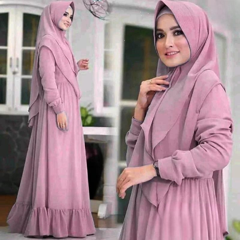 UMMA Fashion - Aisyah Syari Gamis Set Kerudung Dua Layer Bahan Wollycrepe Baju Lebaran Wanita Terbar