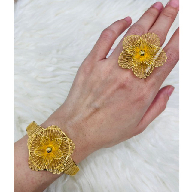 gelang plus cincin bunga bintang kerawang cantik emas asli kadar 700