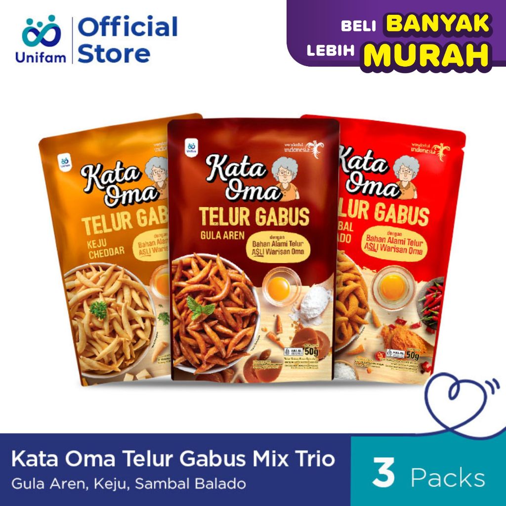 

3 Pack Kata Oma Telur Gabus (Gula Aren + Balado + Keju) - Cemilan Kue Gabus 50 Gr