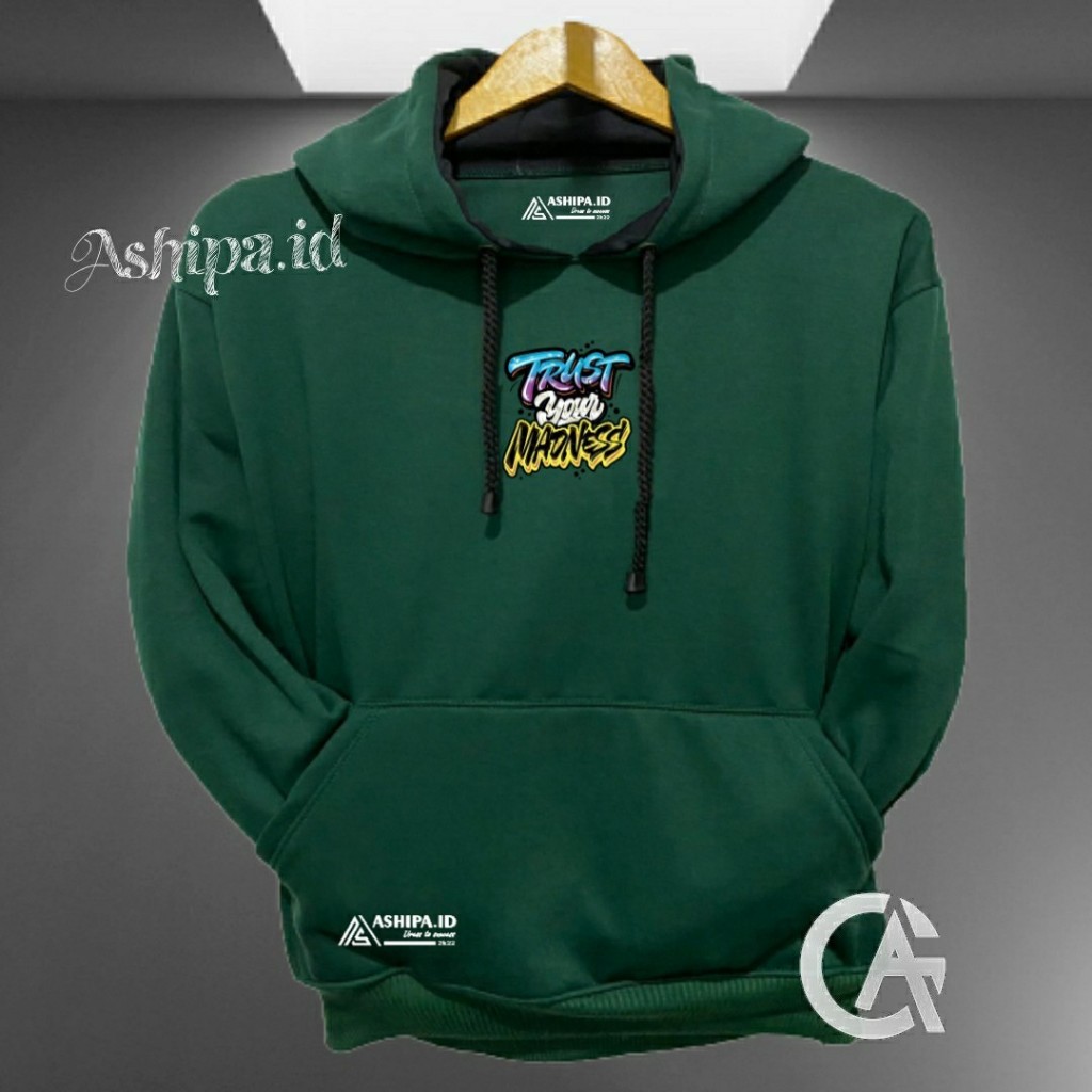 jaket distro original brand lokal warna ijo botol list sablon trust money hoodie cowok distro origin