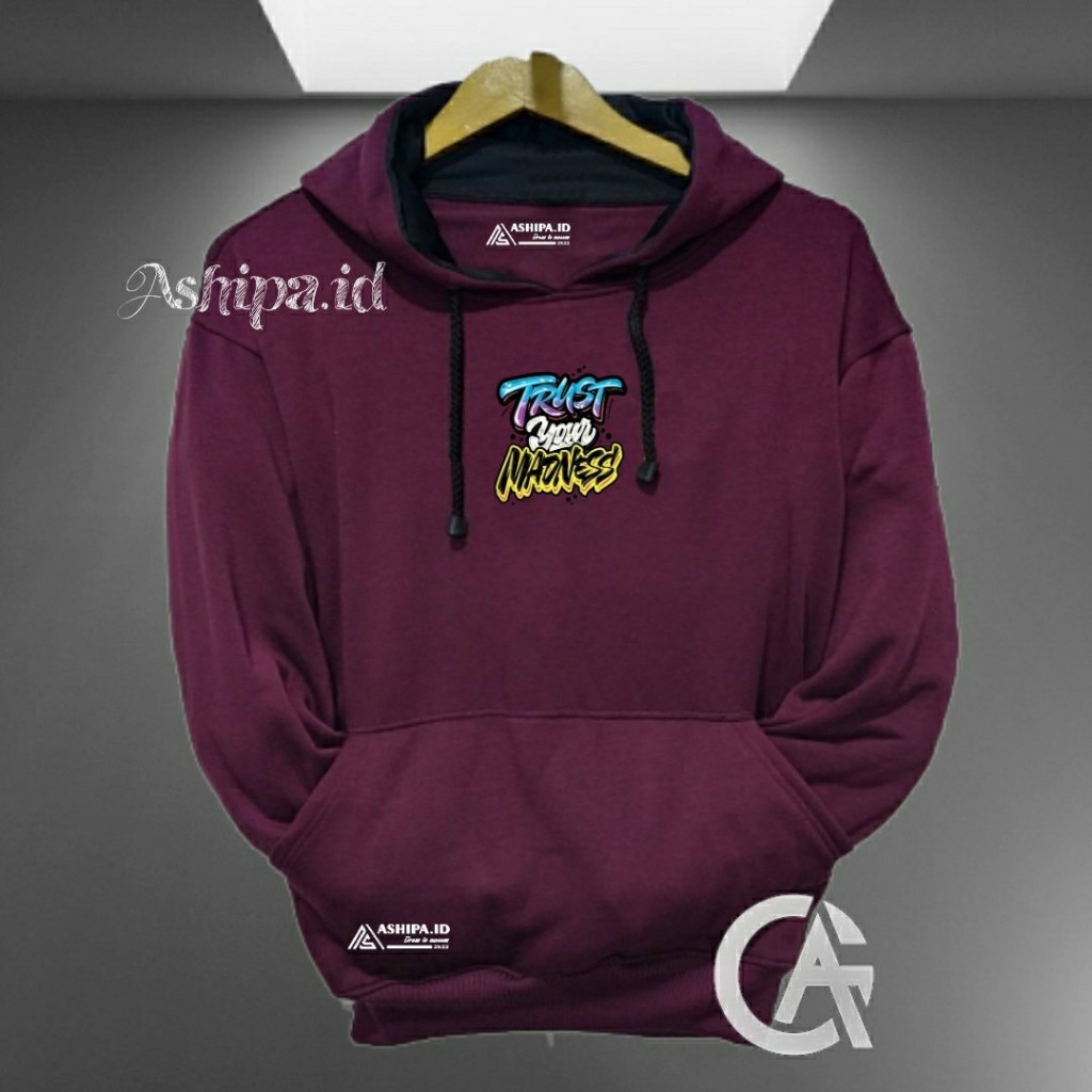 sweater jaket distro original brand lokal warna burgandy list sablon trust money hoodie cowok distro
