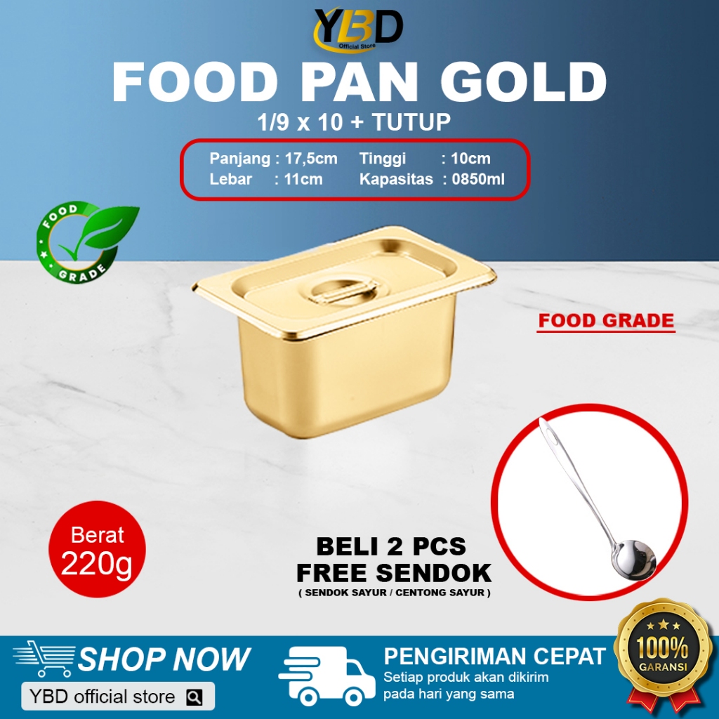 Food Pan GOLD + TUTUP Stainless 1/9 x 10 cm | Wadah Stainless tempat makan prasmanan serbaguna | Tem