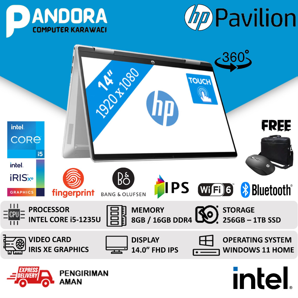 Laptop HP Pavilion X360 14 2in1 Touchscreen Core i5 1235U 8GB 512GB 14 inch Full HD IPs Baru Murah O