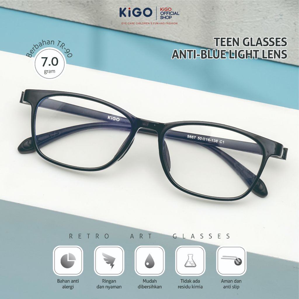 Kigo Kacamata Remaja Anti Radiasi Persegi Kekinian Retro Style TR-90 Ringan Lentur 9867