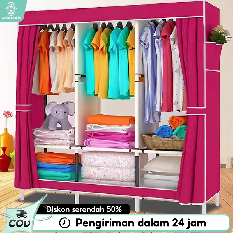 Lemari Pakaian Kain Portable  Lemari Portable Jumbo lemari 3 sekat Resleting Lemari Rak baju COD