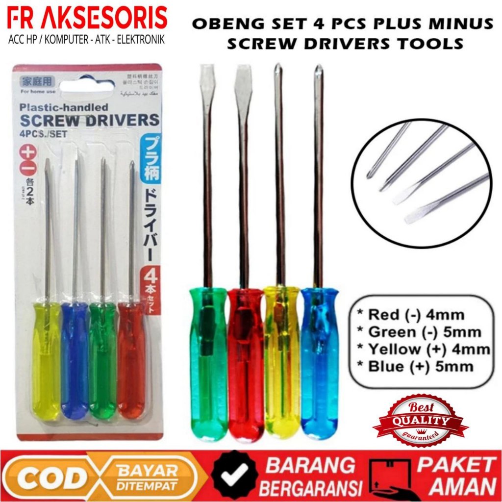 Obeng Set 4 pcs Plus Min 4mm 5mm + - Obeng Set 4in1 Screw Driver Tools