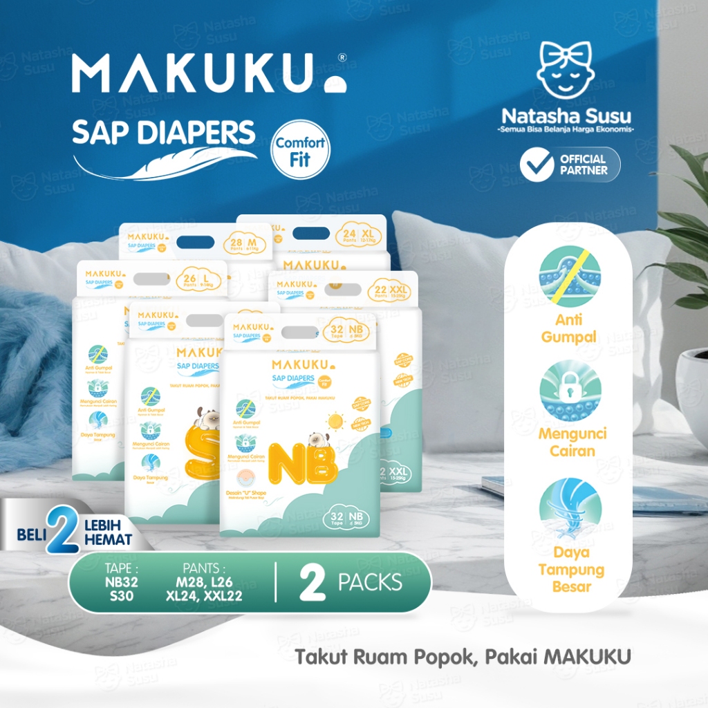 Makuku Comfort Fit SAP Diapers Tape/ Pants [2 PACK] | Popok Bayi Tipis Cepat Kering Anti Gumpal Tipe