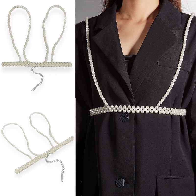 Luca Pearl Harness Belt Body Chain Vest Body Strap Mutiara Bodychain Aksesoris Bustier Pearl Korea K