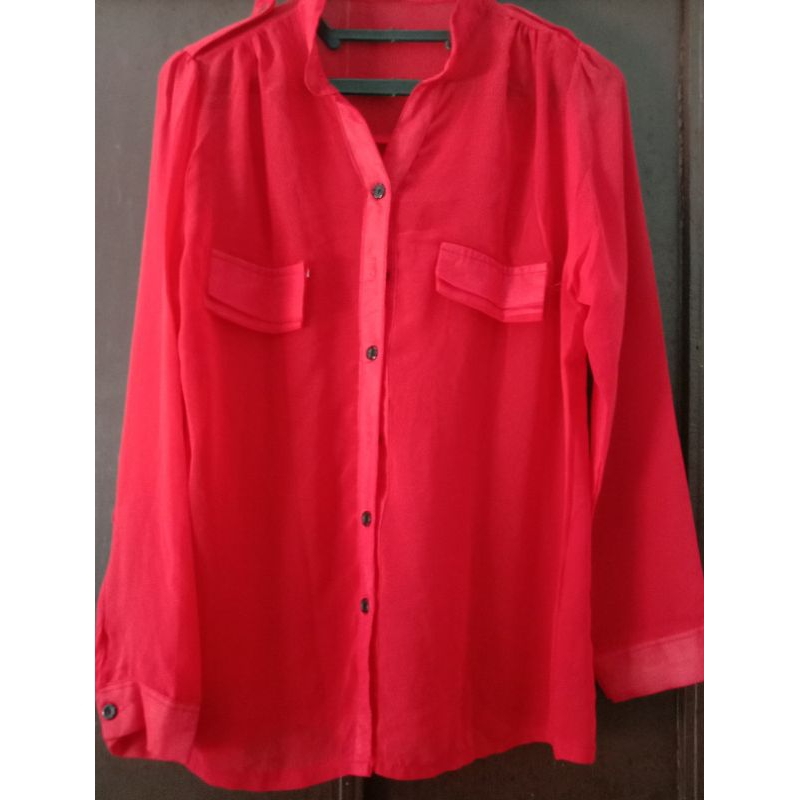 [Second] Blouse Wanita - Army Look Warna Merah Size M Bahan Nerawang